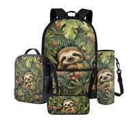 Xoenoiee Grand sac à dos thermique pour déjeuner et porte-bouteille d'eau 4 pièces pour enfants, Paresseux et feuilles tropicales, Taille unique, Ensemble cartable