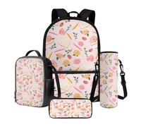 Xoenoiee Grand sac à dos thermique pour déjeuner et porte-bouteille d'eau 4 pièces pour enfants, Stylos de livre à fleurs roses, Taille unique, Ensemble cartable