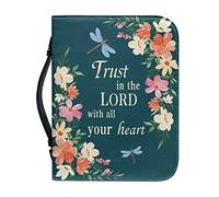 Xoenoiee Housse de bible à imprimé floral libellule pour homme et femme, faites confiance au Seigneur avec tout votre cœur, étui de bible avec poignée et poche, accessoires de protection pour la