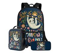 Xoenoiee Lot de 3 sacs à dos d'école pour adolescents, garçons et filles avec boîte à déjeuner, sac à crayons de 43,2 cm, cartable pour étudiants, Paresseux floral Follow Your Dreams