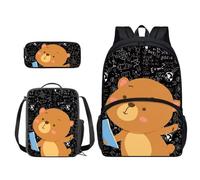 Xoenoiee Lot de 3 sacs à dos d'école pour adolescents, garçons et filles avec boîte à déjeuner, trousse à crayons, sac d'école pour étudiants, Mathématiques Ours mignon