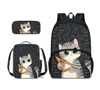 Xoenoiee Lot de 3 sacs à dos d'école pour adolescents, garçons et filles avec boîte à déjeuner, trousse à crayons, sac d'école pour étudiants, Mathématiques chat mignon