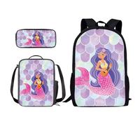 Xoenoiee Lot de 3 sacs à dos pour la rentrée scolaire, sac à déjeuner, trousse à crayons 3 en 1 pour garçons et filles, imprimé fantaisie, Poisson sirène et écailles, Taille unique