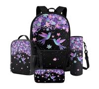 Xoenoiee Lot de 4 grands sacs à dos avec boîte à déjeuner, trousse à crayons et porte-bouteille d'eau pour adolescents, garçons et filles, Colibri coloré floral, Taille unique, Ensemble cartable