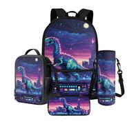 Xoenoiee Lot de 4 grands sacs d'école pour garçons et filles - Sac à dos avec porte-bouteille d'eau et trousse à crayons, Dinosaur City Nuit étoilée, Taille unique, Ensemble cartable