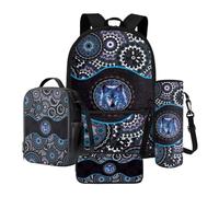 Xoenoiee Lot de 4 grands sacs d'école pour garçons et filles - Sac à dos avec porte-bouteille d'eau et trousse à crayons, Boho Mandala Loup, Taille unique, Ensemble cartable