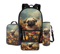 Xoenoiee Lot de 4 sacs à dos avec sac à déjeuner thermique, porte-bouteille d'eau, trousse à crayons, fournitures de rentrée scolaire pour enfants, Carlin, papillon, floral, vibrant, Taille unique