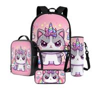 Xoenoiee Lot de 4 sacs à dos avec sac à déjeuner thermique, porte-bouteille d'eau, trousse à crayons, fournitures scolaires pour enfants, Chat Papillon Arc-en-ciel Rose, Taille unique, Ensemble