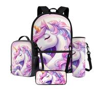 Xoenoiee Lot de 4 sacs à dos avec sac à déjeuner thermique, porte-bouteille d'eau, trousse à crayons, fournitures scolaires pour enfants, Jolie licorne., Taille unique, Ensemble cartable