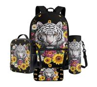 Xoenoiee Lot de 4 sacs à dos avec sac à déjeuner thermique, porte-bouteille d'eau, trousse à crayons, fournitures de rentrée scolaire pour enfants, Tigre Tournesol Marguerite, Taille unique, Ensemble