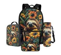 Xoenoiee Lot de 4 sacs à dos avec sac à déjeuner thermique, porte-bouteille d'eau, trousse à crayons, fournitures de rentrée scolaire pour enfants, Paresseux Tournesol, Taille unique, Ensemble