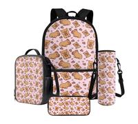 Xoenoiee Lot de 4 sacs à dos avec sac à déjeuner thermique, porte-bouteille d'eau, trousse à crayons, fournitures de rentrée scolaire pour enfants, Capybara Rose fraise, Taille unique, Ensemble
