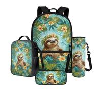 Xoenoiee Lot de 4 sacs à dos avec sac à déjeuner thermique, porte-bouteille d'eau, trousse à crayons, fournitures de rentrée scolaire pour enfants, Paresseux floral feuille verte, Taille unique