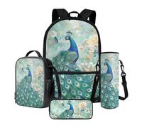 Xoenoiee Lot de 4 sacs à dos avec sac à déjeuner thermique, porte-bouteille d'eau, trousse à crayons, fournitures de rentrée scolaire pour enfants, Paon Papillon Pivoine Floral, Taille unique