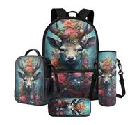 Xoenoiee Lot de 4 sacs à dos avec sac à déjeuner thermique, porte-bouteille d'eau, trousse à crayons, fournitures scolaires pour enfants, Cerf floral, Taille unique, Ensemble cartable
