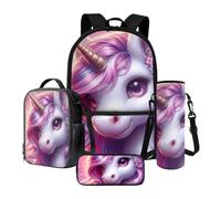 Xoenoiee Lot de 4 sacs à dos avec sac à déjeuner thermique, porte-bouteille d'eau, trousse à crayons, fournitures scolaires pour enfants, Rose licorne, Taille unique, Ensemble cartable