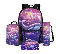 Xoenoiee Lot de 4 sacs à dos avec sac à déjeuner thermique, porte-bouteille d'eau, trousse à crayons, fournitures de rentrée scolaire pour enfants, Baleine Méduse Nuage Rose, Taille unique, Ensemble