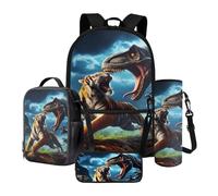 Xoenoiee Lot de 4 sacs à dos avec sac à déjeuner thermique, porte-bouteille d'eau, trousse à crayons, fournitures scolaires pour enfants, Tigre féroce et dinosaure, Taille unique, Ensemble cartable