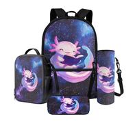Xoenoiee Lot de 4 sacs à dos avec sac à déjeuner thermique, porte-bouteille d'eau, trousse à crayons, fournitures de rentrée scolaire pour enfants, Axolotl Book Galaxy, Taille unique, Ensemble
