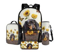 Xoenoiee Lot de 4 sacs à dos avec sac à déjeuner thermique, porte-bouteille d'eau, trousse à crayons, fournitures de rentrée scolaire pour enfants, Chien Teckel Papillon Tournesol, Taille unique