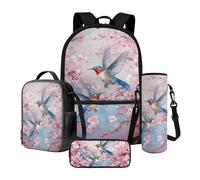 Xoenoiee Lot de 4 sacs à dos d'école pour enfants avec boîte à déjeuner isotherme, pochette pour bouteille d'eau, trousse à crayons, fournitures de rentrée scolaire, Colibri rose fleur de cerisier