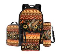 Xoenoiee Lot de 4 sacs à dos d'école pour enfants avec boîte à déjeuner isotherme, pochette pour bouteille d'eau, trousse à crayons, fournitures de rentrée scolaire, Tribu aztèque Colibri Tournesol