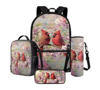 Xoenoiee Lot de 4 sacs à dos d'école pour enfants avec boîte à déjeuner isotherme, pochette pour bouteille d'eau, trousse à crayons, fournitures de rentrée scolaire, Cardinal Bird Cherry Blossom