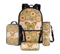Xoenoiee Lot de 4 sacs à dos d'école pour enfants avec boîte à déjeuner isotherme, pochette pour bouteille d'eau, trousse à crayons, fournitures de rentrée scolaire, Rétro Boho Mandala Papillon