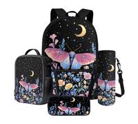 Xoenoiee Lot de 4 sacs à dos d'école pour enfants avec boîte à déjeuner isotherme, pochette pour bouteille d'eau, trousse à crayons, fournitures de rentrée scolaire, Papillon Lune Floral Nuit étoilée