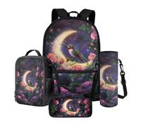 Xoenoiee Lot de 4 sacs à dos d'école pour enfants avec boîte à déjeuner isotherme, pochette pour bouteille d'eau, trousse à crayons, fournitures de rentrée scolaire, Colibri lune rose florale, Taille