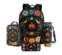 Xoenoiee Lot de 4 sacs à dos d'école pour enfants avec boîte à déjeuner isotherme, pochette pour bouteille d'eau, trousse à crayons, fournitures de rentrée scolaire, Coccinelle et marguerite, Taille