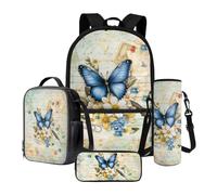 Xoenoiee Lot de 4 sacs à dos d'école pour enfants avec boîte à déjeuner isotherme, pochette pour bouteille d'eau, trousse à crayons, fournitures de rentrée scolaire, Lettre papillon marguerite fleur