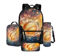 Xoenoiee Lot de 4 sacs d'école pour garçons et filles - Grand sac à dos et boîte à déjeuner avec porte-bouteille d'eau et trousse à crayons, Baseball Galaxy Fire, Taille unique, Ensemble cartable