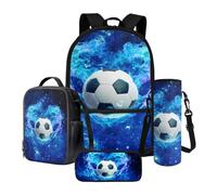 Xoenoiee Lot de 4 sacs d'école pour garçons et filles - Grand sac à dos et boîte à déjeuner avec porte-bouteille d'eau et trousse à crayons, Ballon de football Fire Bleu, Taille unique, Ensemble