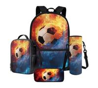 Xoenoiee Lot de 4 sacs d'école pour garçons et filles - Grand sac à dos et boîte à déjeuner avec porte-bouteille d'eau et trousse à crayons, Ballon de football Fire-3, Taille unique, Ensemble cartable