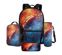 Xoenoiee Lot de 4 sacs d'école pour garçons et filles - Grand sac à dos et boîte à déjeuner avec porte-bouteille d'eau et trousse à crayons, Rugby Fire-2, Taille unique, Ensemble cartable