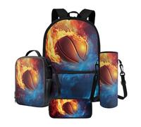 Xoenoiee Lot de 4 sacs d'école pour garçons et filles - Grand sac à dos et boîte à déjeuner avec porte-bouteille d'eau et trousse à crayons, Basketball Fire-2, Taille unique, Ensemble cartable