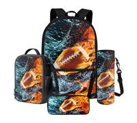 Xoenoiee Lot de 4 sacs d'école pour garçons et filles - Grand sac à dos et boîte à déjeuner avec porte-bouteille d'eau et trousse à crayons, Fire Water Rugby-3, Taille unique, Ensemble cartable