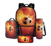 Xoenoiee Lot de 4 sacs d'école pour garçons et filles - Grand sac à dos et boîte à déjeuner avec porte-bouteille d'eau et trousse à crayons, Ballon de football Fire-2, Taille unique, Ensemble cartable