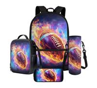 Xoenoiee Lot de 4 sacs d'école pour garçons et filles - Grand sac à dos et boîte à déjeuner avec porte-bouteille d'eau et trousse à crayons, Fire Rugby Galaxy, Taille unique, Ensemble cartable