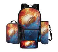 Xoenoiee Lot de 4 sacs d'école pour garçons et filles - Grand sac à dos et boîte à déjeuner avec porte-bouteille d'eau et trousse à crayons, Baseball Fire-2, Taille unique, Ensemble cartable