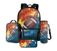 Xoenoiee Lot de 4 sacs d'école pour garçons et filles - Grand sac à dos et boîte à déjeuner avec porte-bouteille d'eau et trousse à crayons, Fire Water Rugby-2, Taille unique, Ensemble cartable