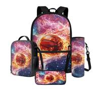 Xoenoiee Lot de 4 sacs d'école pour garçons et filles - Grand sac à dos et boîte à déjeuner avec porte-bouteille d'eau et trousse à crayons, Fire Basketball et Galaxie, Taille unique, Ensemble