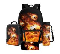 Xoenoiee Lot de 4 sacs d'école pour garçons et filles - Grand sac à dos et boîte à déjeuner avec porte-bouteille d'eau et trousse à crayons, Ballons de football Fire, Taille unique, Ensemble cartable