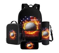 Xoenoiee Lot de 4 sacs d'école pour garçons et filles - Grand sac à dos et boîte à déjeuner avec porte-bouteille d'eau et trousse à crayons, Balle de golf Fire, Taille unique, Ensemble cartable