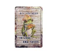 Xoenoiee Panneau en fer imprimé grenouille, « All You Need Is Love And Tacos » - Décoration murale amusante pour la maison, la grotte, le jardin, la clôture en plein air, taille S