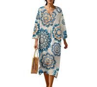 Xoenoiee Robe midi décontractée à manches 3/4 et col en V pour femme - Robe ample en lin fluide - Robe de plage et de voyage pour le printemps et l'été, Boho Mandala Fleur, S
