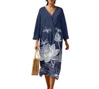 Xoenoiee Robe midi décontractée à manches 3/4 pour femmes, robe tunique ample à col en V, robe de plage en lin, taille S à 4XL, Libellule Lotus Fleurs Bleu, XXL