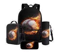 Xoenoiee Sac à dos de grande capacité de 43,2 cm + sac à déjeuner thermique + porte-bouteille d'eau 4 pièces ensembles de fournitures de rentrée scolaire motif balles, Fire Baseball, Taille unique