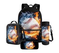 Xoenoiee Sac à dos de grande capacité de 43,2 cm + sac à déjeuner thermique + porte-bouteille d'eau 4 pièces ensembles de fournitures de rentrée scolaire motif balles, Baseball Fire and Water, Taille